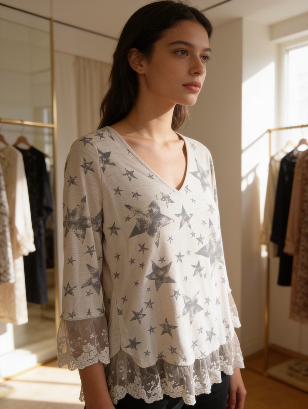 Cream Star-Print V-Neck Tunic with Lace Trim